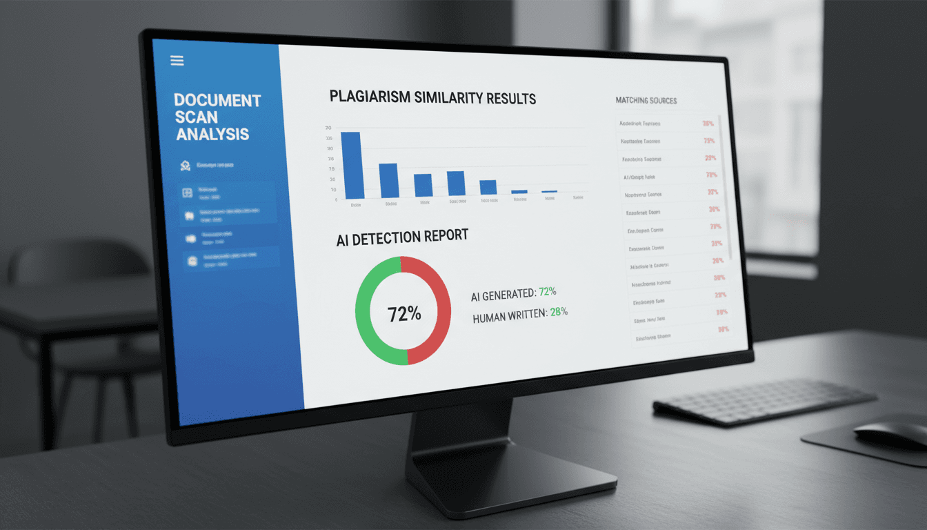 TurnitinDetect scanning interface showing plagiarism and AI detection results