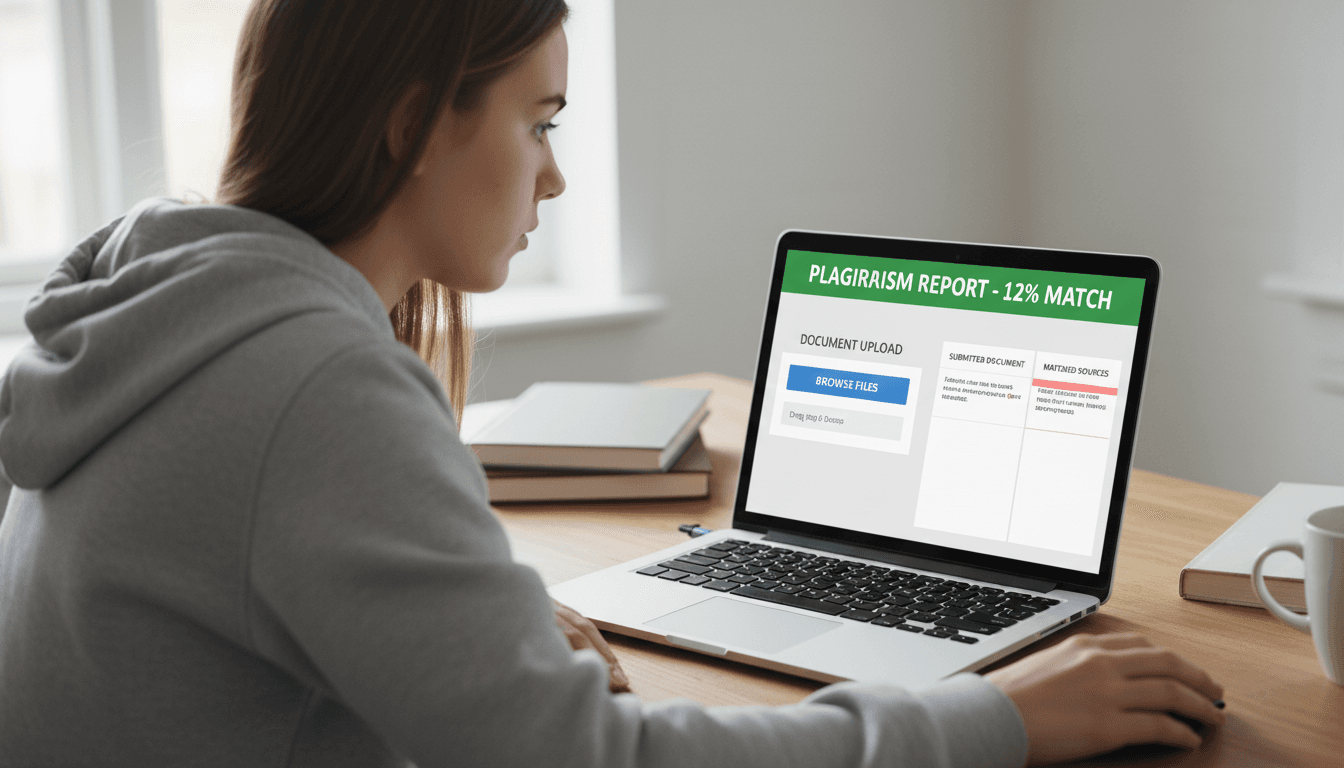 T-detector plagiarism and AI detection scan results displayed on computer screen